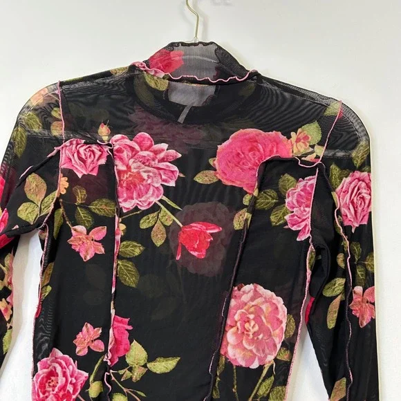 Free People Charlie Sheer Mesh Floral Top Women's Small Lettuce Neck Whimsigoth - Picture 8 of 8